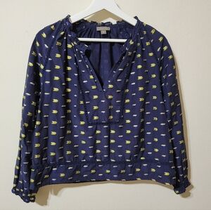 J. Crew Point Sur Navy Ruffle Metallic Clip Dot Top Size S